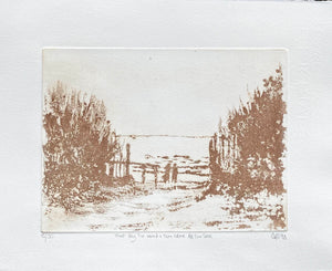 Contemporary aquatintt etching  couple on a beach seaside print in soft brown on creamy white 