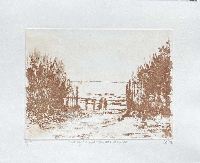 Contemporary aquatintt etching  couple on a beach seaside print in soft brown on creamy white 