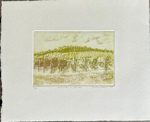Aquatinted Etching of Denbies vineyard landscape in green and ochres on textured paper