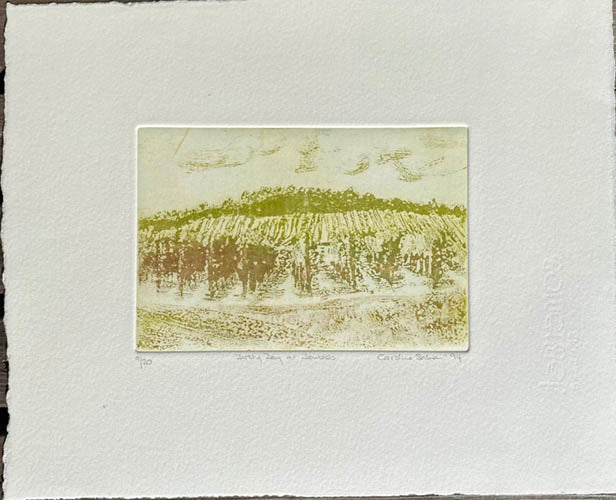 Aquatinted Etching of Denbies vineyard landscape in green and ochres on textured paper