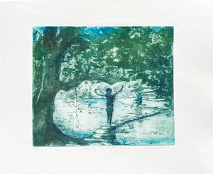 Aquatint Etching of a child running across stepping stones from the tree clad side to steps 