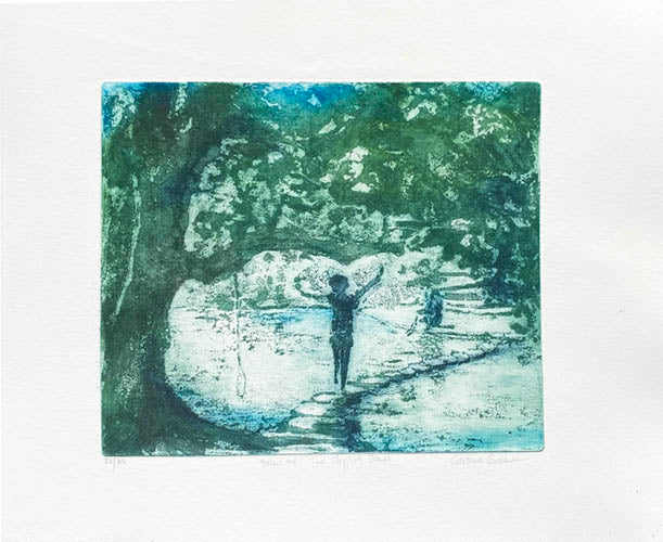Aquatint Etching of a child running across stepping stones from the tree clad side to steps 