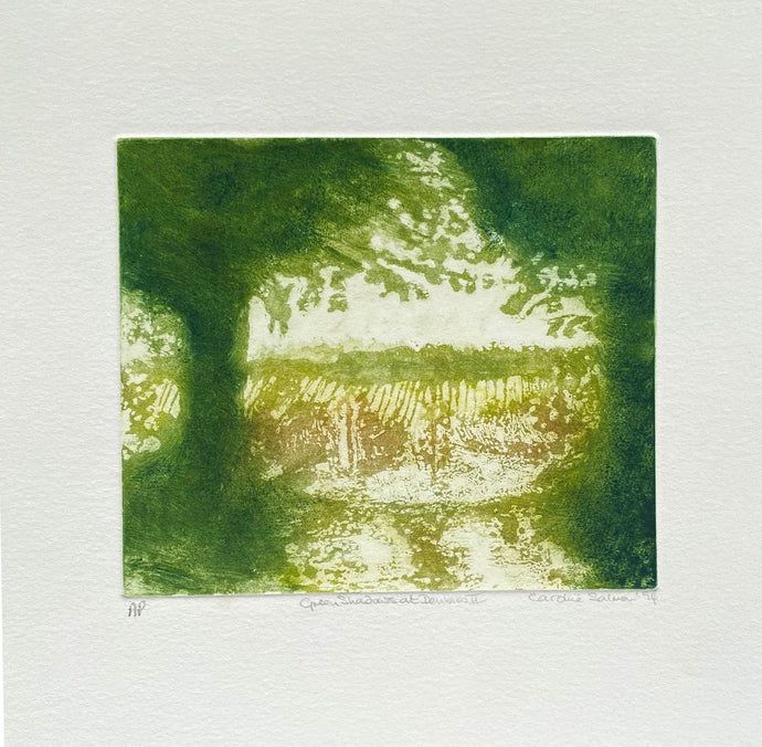 Contemporary aquatint etching print of trees looking into a vineyard landscape  with green and brown tones on a creamy white background