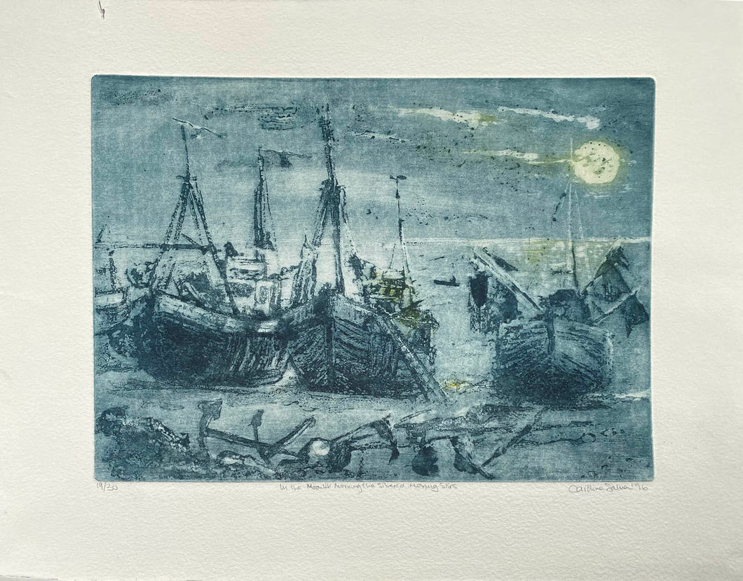 Contemporary aquatint etching in blue of boats on a beach at night with a moonlit sky