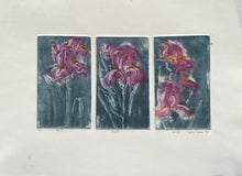 Three panels of pink flower art on a white background