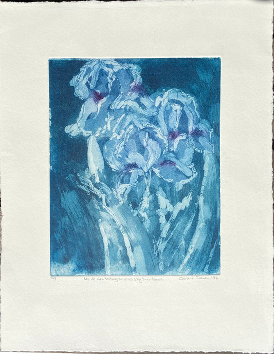 Contemporary aquatint etching print Irises in blue on a creamy white background