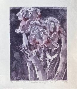 Contemporary aquatint etching print Irises in mauves on a creamy white background