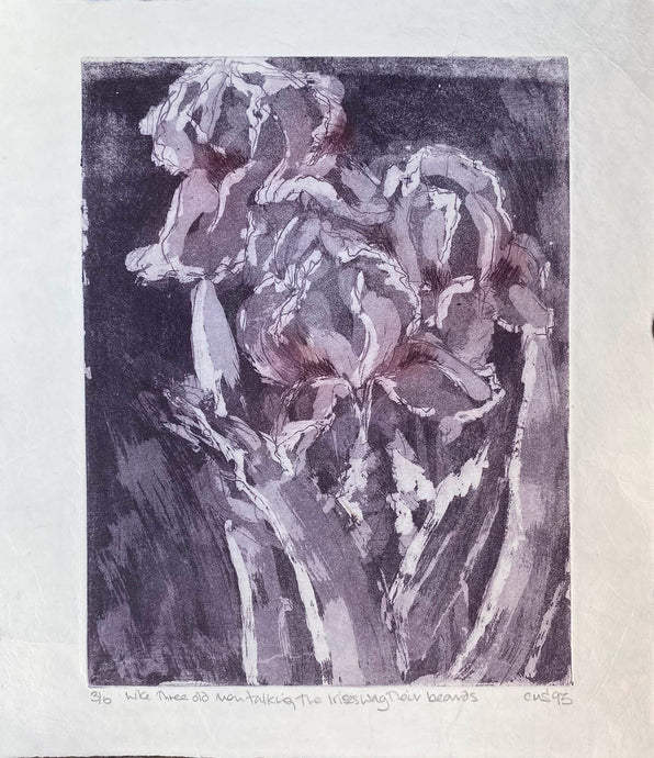 Contemporary aquatint etching print Irises in mauves on a creamy white background