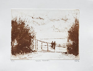 Contemporary aquatint etching showing Seaside Silhouettes on a beach  printed dark brown on a creamy white  