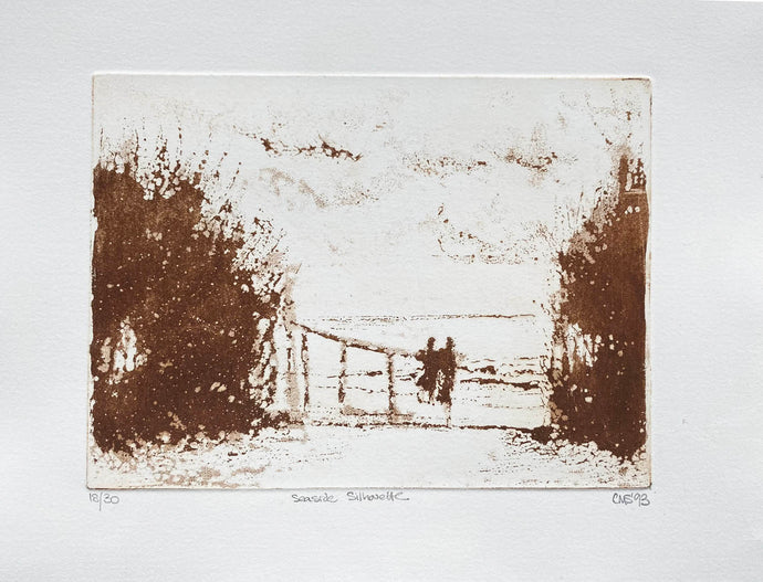 Contemporary aquatint etching showing Seaside Silhouettes on a beach  printed dark brown on a creamy white  