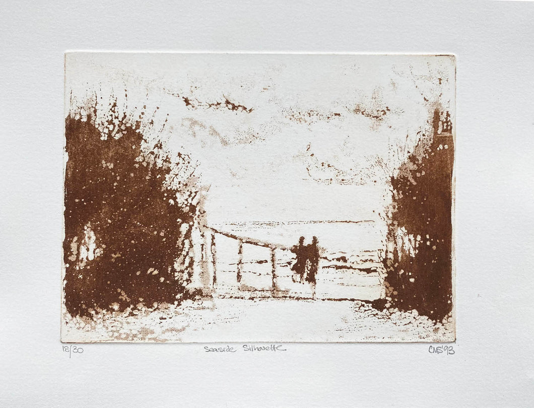 Contemporary aquatint etching showing Seaside Silhouettes on a beach  printed dark brown on a creamy white  