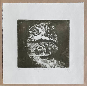 Small print of a landscape looking through trees  into a vineyard Printed in dark brown on a cream background