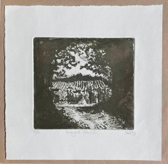 Small print of a landscape looking through trees  into a vineyard Printed in dark brown on a cream background