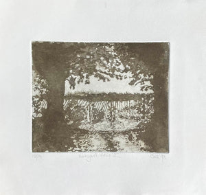 Contemporary image of a vineyard through trees, in  dark brown and white artwork on a creamy white  background
