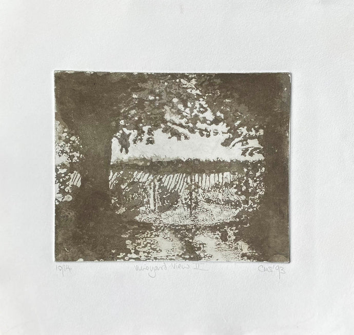 Contemporary image of a vineyard through trees, in  dark brown and white artwork on a creamy white  background