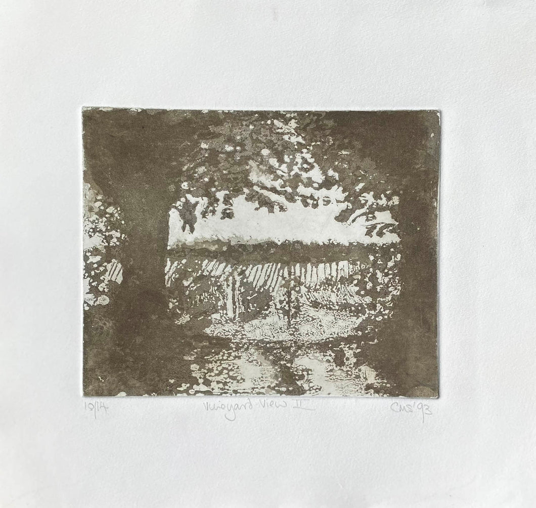 Contemporary image of a vineyard through trees, in  dark brown and white artwork on a creamy white  background