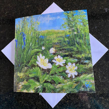 Bramble Copse Cad - April - Greeting card with a painting of  wood anemones and bluebells and greenery on a white envelope