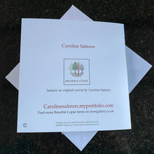 Back of the January Card with 'Caroline Salmon' branding and a website URL - with a white envelope