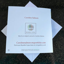 Back of March Card with 'Caroline Salmon' branding and a URL on a white envelope