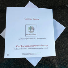Back of April Card with 'Caroline Salmon' and 'Bramble Copse' branding on a white envelope