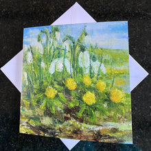 Bramble Copse cards - January - Artistic depiction of  Snowdrops and yellow aconites on a greeting card with a white envelope.