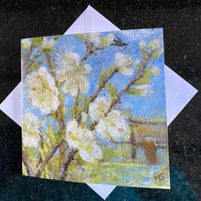 Bramble Copse Card  March - Greeting Card with flowering prunus and willow twigs on a white envelope