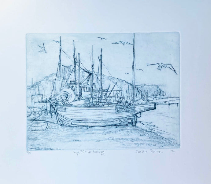 Drypoint Etching of boats pulled up on the shingle at Hastings with seagulls flying around  Turquoise blue  on cream background