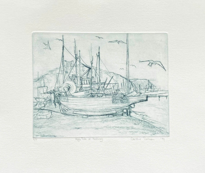 Drypoint Etching of boats pulled up on the shingle at Hastings with seagulls flying around  grey ink on cream background