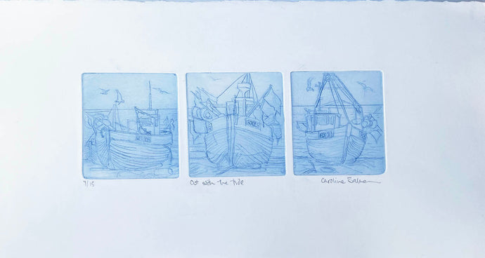 Prints in blue ink drypoint etchings  of fishing boats at Hastings  on a creamy white background