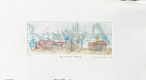 Drypoint etching illustration of three boats on creamy white paper