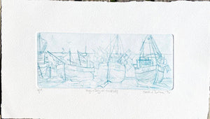 Drypoint etching by Caroline Salmon - High and Dry - printed in blue - Edition of 18