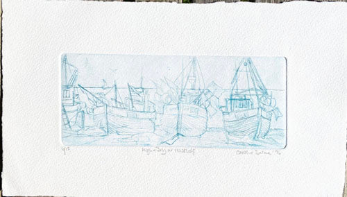 Drypoint etching by Caroline Salmon - High and Dry - printed in blue - Edition of 18