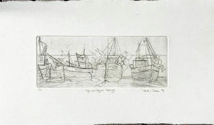 Drypoint etching in Black and white etching of three boats on a creamy white paper