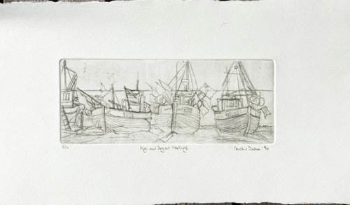 Drypoint etching in Black and white etching of three boats on a creamy white paper