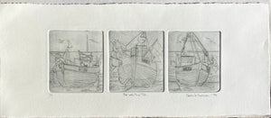Prints in grey ink of 3 drypoint etchings depicting fishing boats on Hastings Bbach