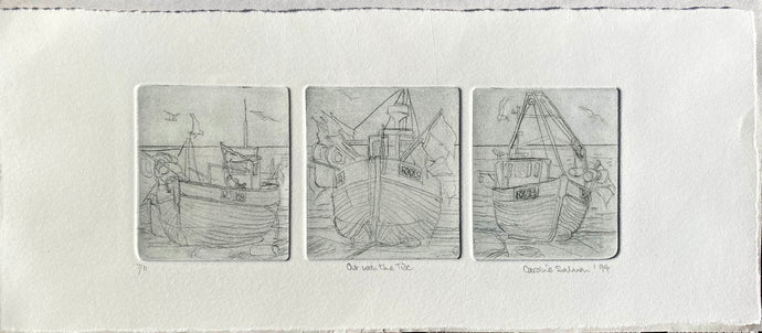 Prints in grey ink of 3 drypoint etchings depicting fishing boats on Hastings Bbach