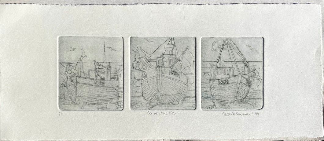 Prints in grey ink of 3 drypoint etchings depicting fishing boats on Hastings Bbach