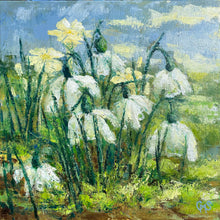 Painting of open snowdrops and primroses with  rich green moss and a blue sky background which is the image of the February Bramble Copse Card