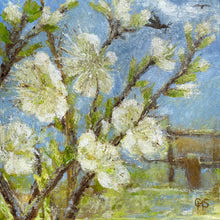 Painting of  branches  of willow and plum blossom and leaves with a style and nesting birds in a blue sky which is the March image of the Bramble Copse cards