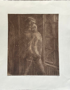 Etching of the back of a female nude figure  looking in a mirror by a window