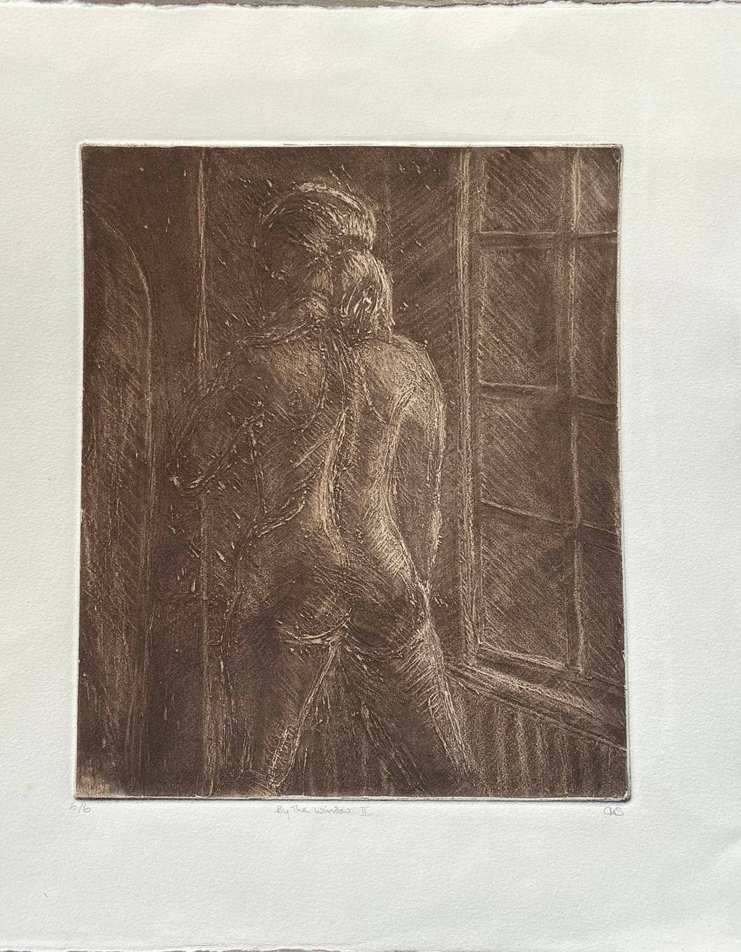 Etching of the back of a female nude figure  looking in a mirror by a window