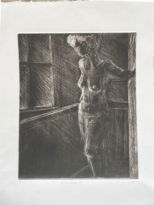 Etching of a female nude  by a window prints in very dark brown on creamy white paper with hand torn edges