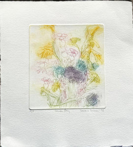Drypoint Etching of an artistic depiction of Cornish wildflowers flowers on a textured creamy white background