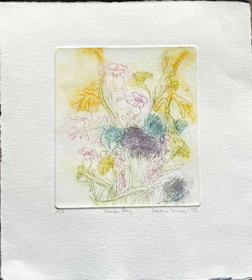 Drypoint Etching of an artistic depiction of Cornish wildflowers flowers on a textured creamy white background