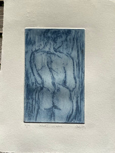 Etching of the back view of a female nude in blue ink on cream paper with hand torn edges.