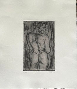 etching of a backview of a female nude, printed in black on creamy white paper