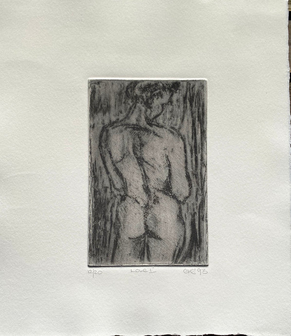 etching of a backview of a female nude, printed in black on creamy white paper