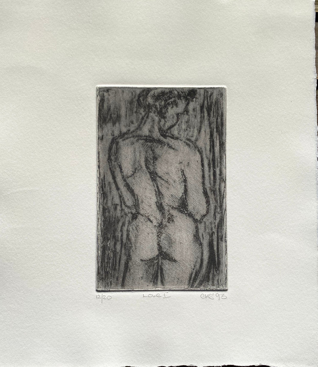 etching of a backview of a female nude, printed in black on creamy white paper