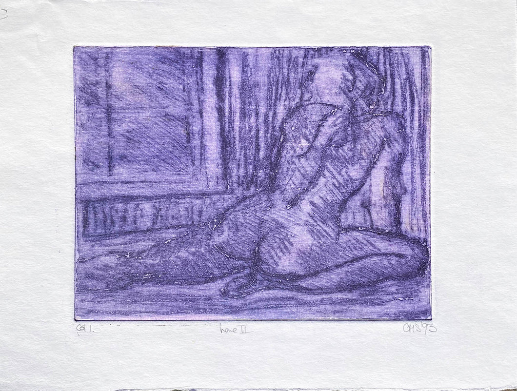Love II Recumbent Nude - Mauve on white paper Artists colour proof - Etching by Caroline Salmon - Edition of 2