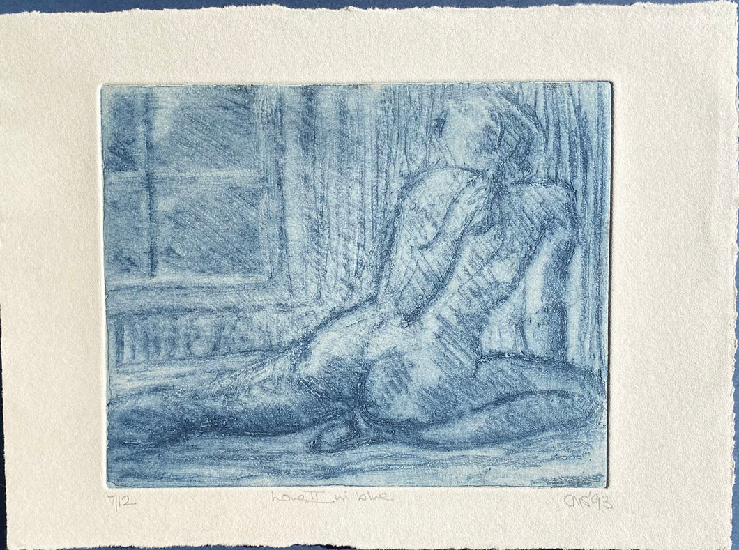 Etching  in blue n cream paper of the back of a nude recumbent on the floor looking out of a window